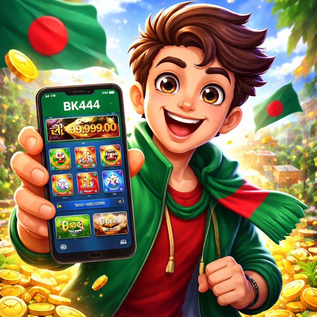 Cartoon mobile gamer using the BK444 App on an Android phone with coins and game icons