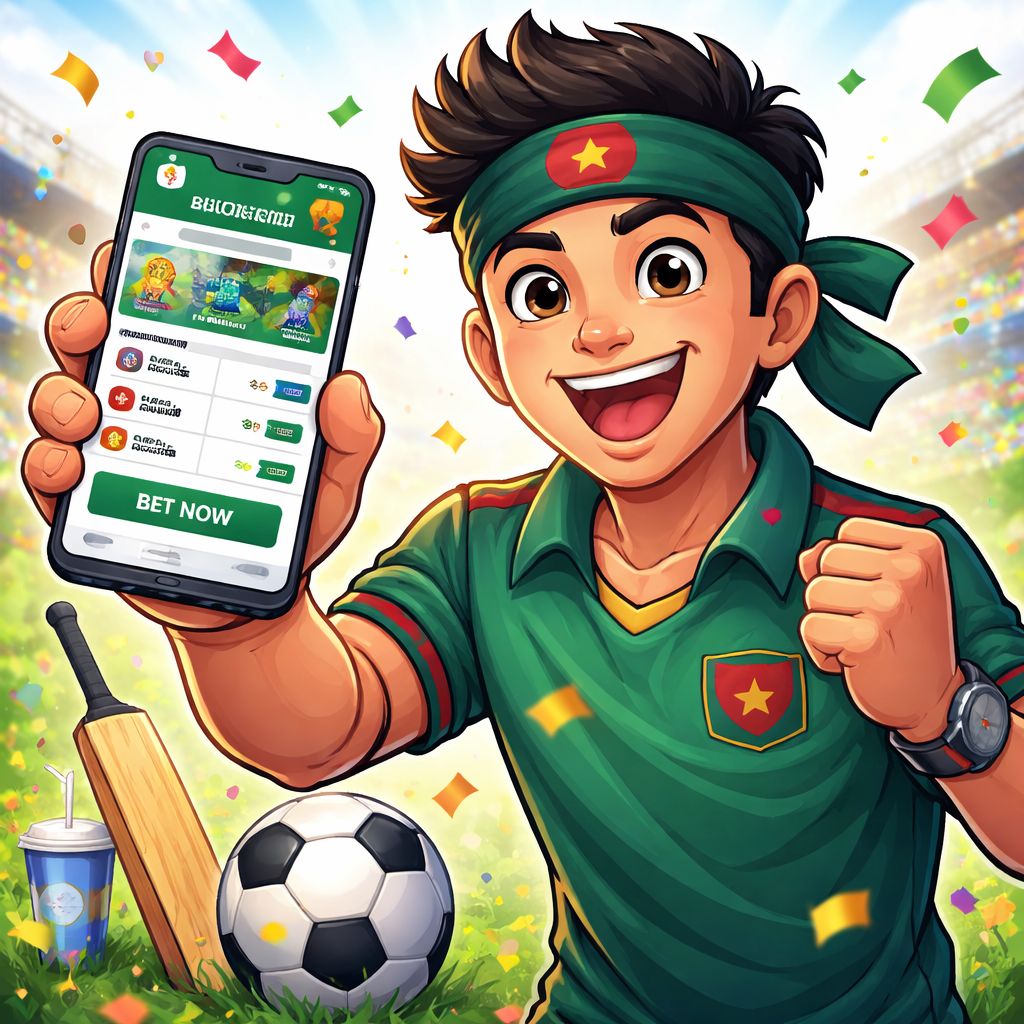 BK444 Bet sports fan character with mobile betting screen