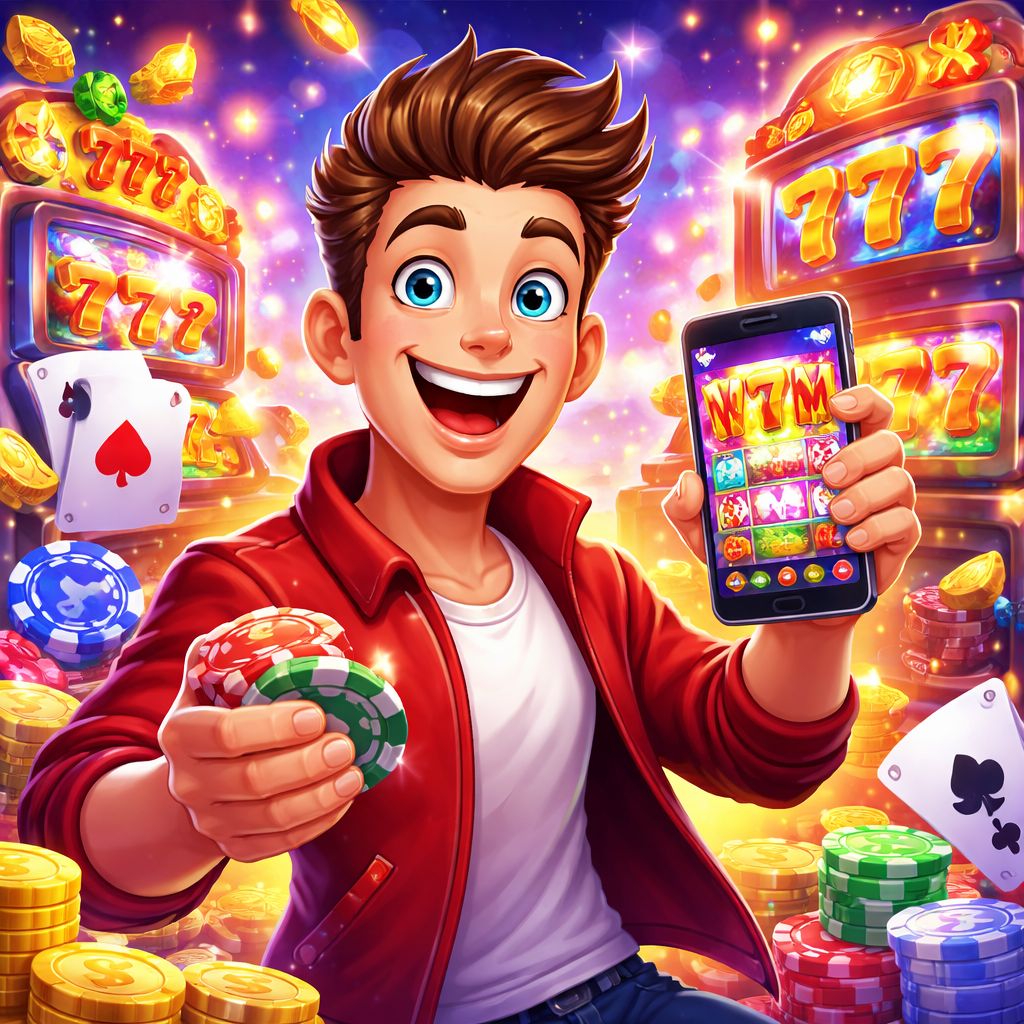 BK444 Casino cartoon player with chips, cards, and slot reels