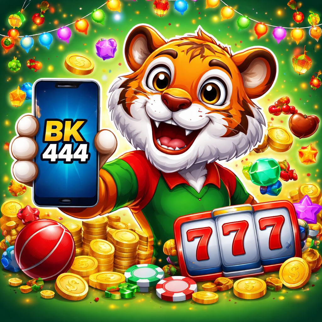 BK444 cartoon mascot holding a smartphone with casino coins and cricket elements