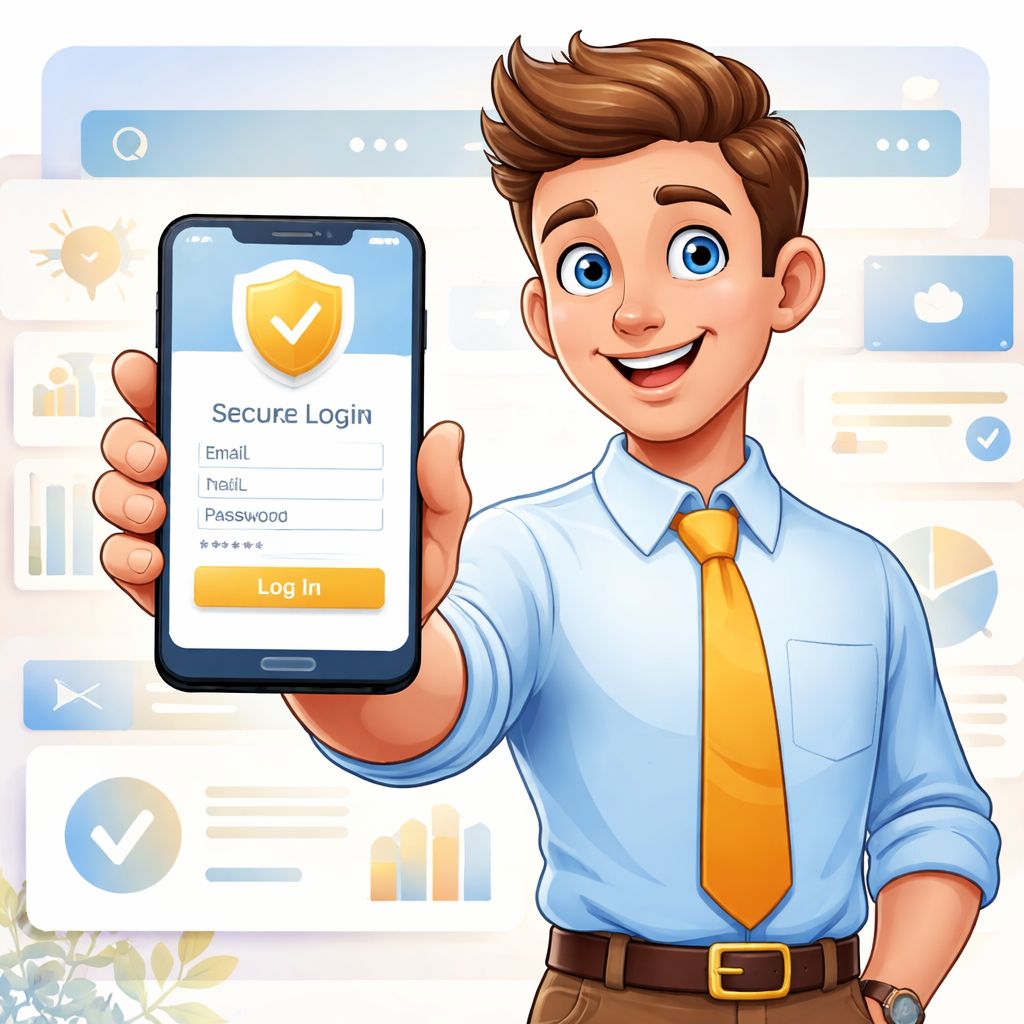 Cartoon player using a smartphone to access a secure BK444 login screen
