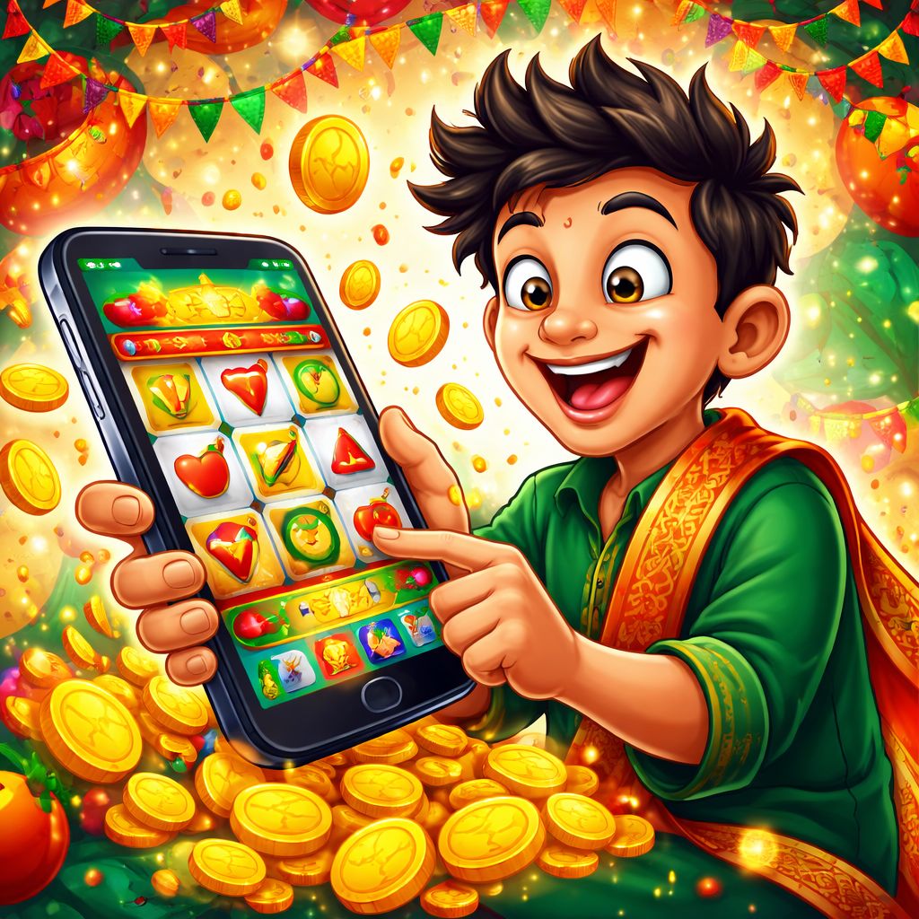 Cartoon slot player celebrating a winning spin with coins and bright reels